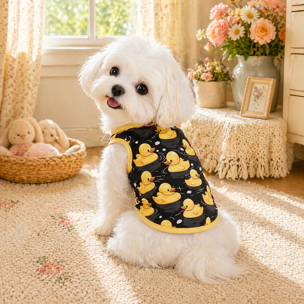 Chaleco perro y gato pequeños/medianos estampado pato amarillo negro - imagen 4