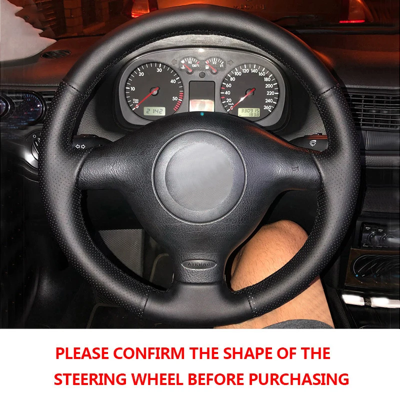 For VW Golf 4 MK4 Passat B5 1998 - 2005 Black Perforated Microfiber Leather Hand-stitched Steering Wheel Cover Protective Trim 6