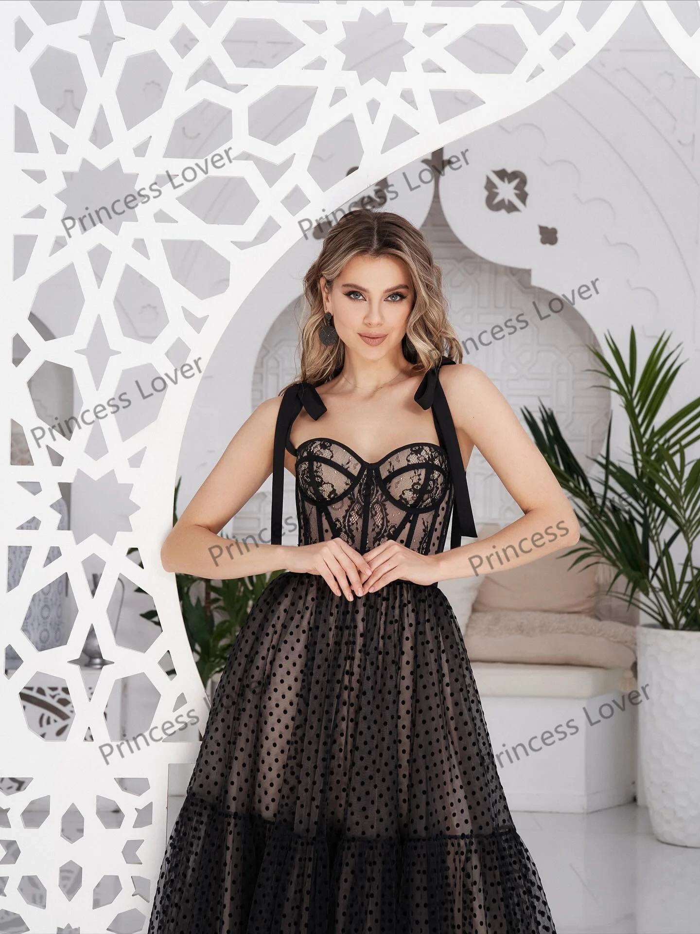 Black Polka Dot Evening Dresses Tea Length Lace Corset Wedding Party Dress Customized A Line Prom Gown Formal Vestidos