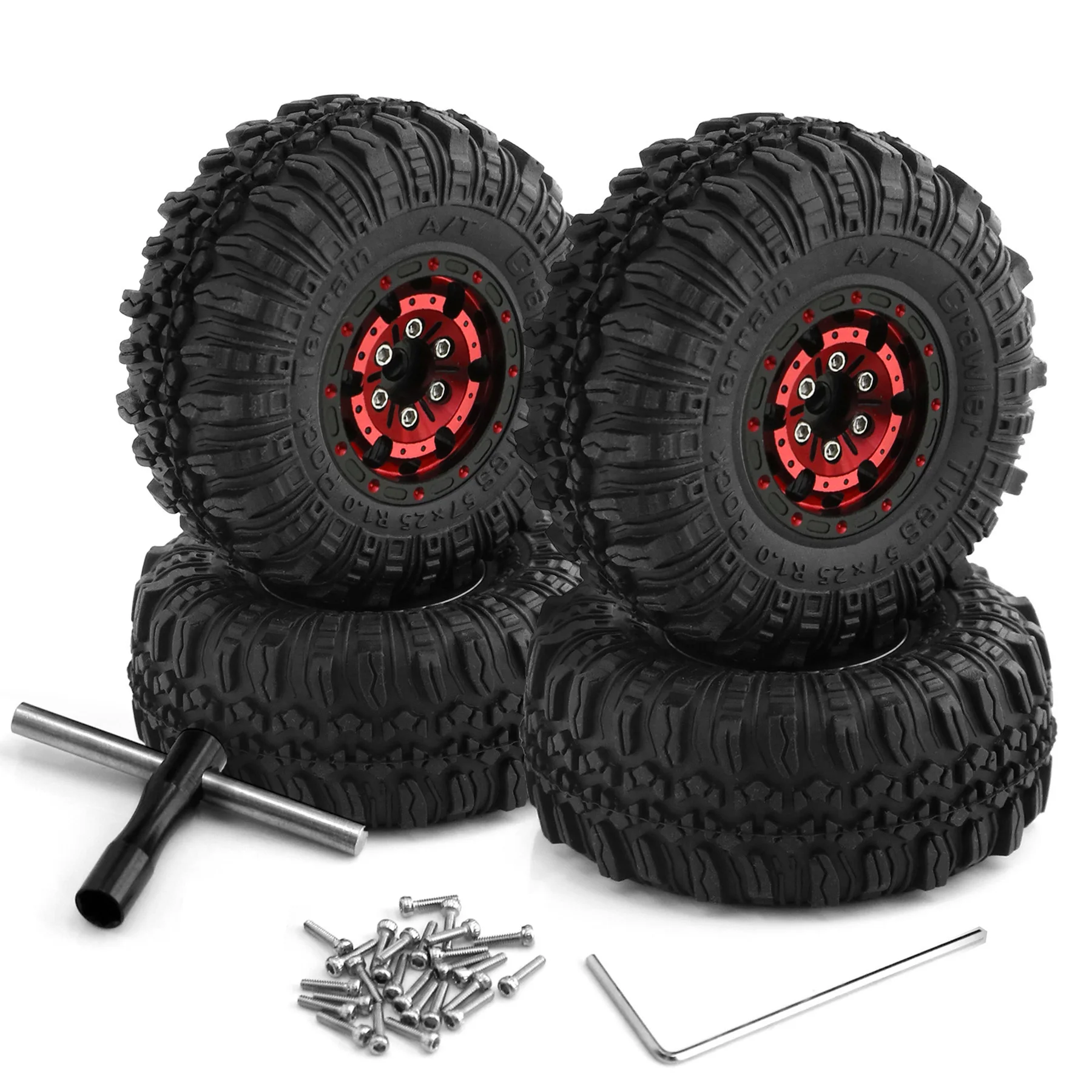 4pcs 1.0 Beadlock Wheels and Tires 4pcs Aluminum Rim for RC Crawler Axial SCX24 Gladiator Bronco C10 Deadbolt AX24 TRX4M FCX24