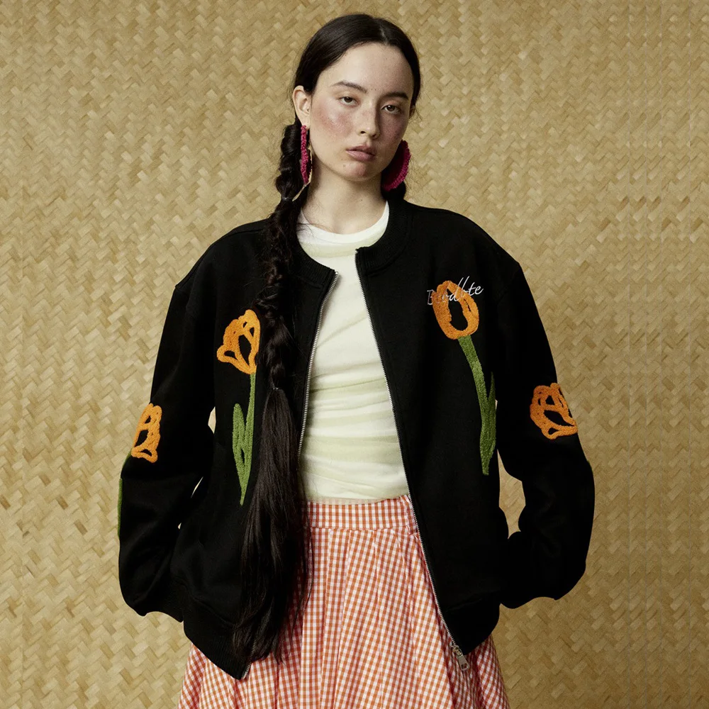 

Men Women Floral Embroidery Fashion Streetwear Loose Casual Collarless Baseball Jacket Couple Spring Autumn Coat Outerwear