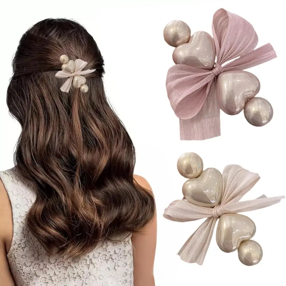 

Women Hair Clip Sweet Style Hairpin Heart Shape Pearl Hairpin Bowknot Decor Hair Clip Side Bang Styling Tool Women’s Elegant
