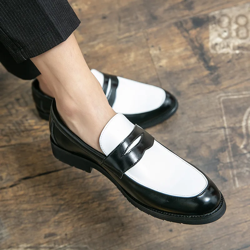 New Fashion Men Pointed Two-tone Patchwork Slip on Gentleman Wedding Homecoming Dress Shoes Flats Casual Loafer Zapatos Hombre