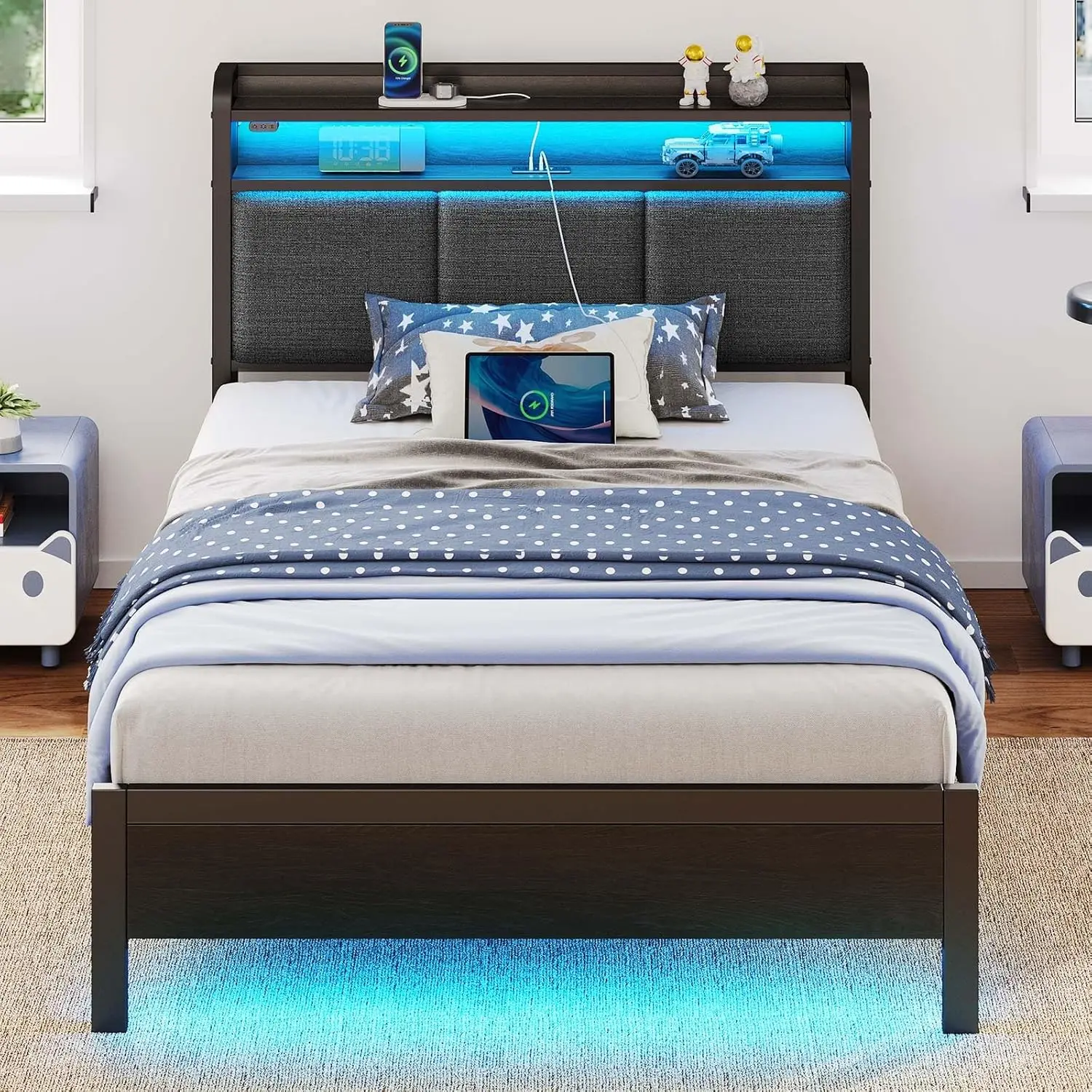 

Twin Bed Frame with LED Lights, Charging Station & Storage Shelves - Easy Assembly, Noise Free, Dark Grey