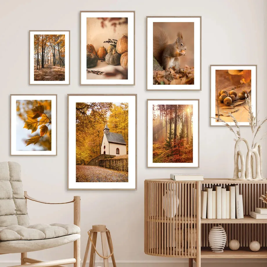 Autumn Forest Squirrel Fox Pumpkin Pine House Poster Print Canvas Painting Nordic Wall Art Pictures For Living Room Home Decor