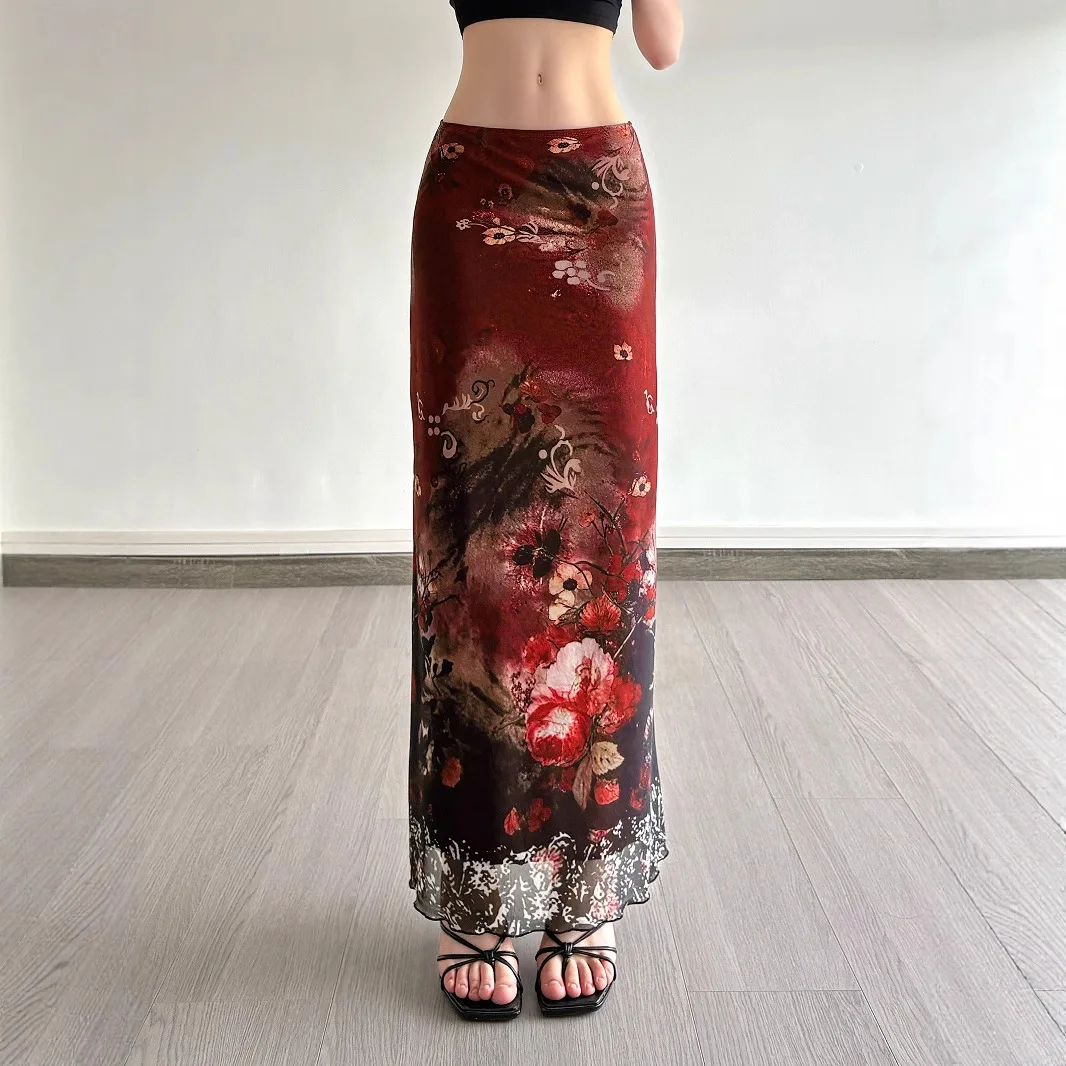 Gtpdpllt Vintage Red Print Mesh Long Skirt Women Temperament Low Waist Slim Fit Skirts Y2k Aesthetic Gothic Versatile Skirts