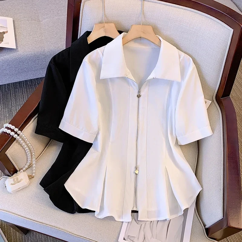 

2025 New Fashion Summer Women Shirt Korean Casual Short Sleeve Zipper Temperament Elegant Shirt Tops Female Blouse