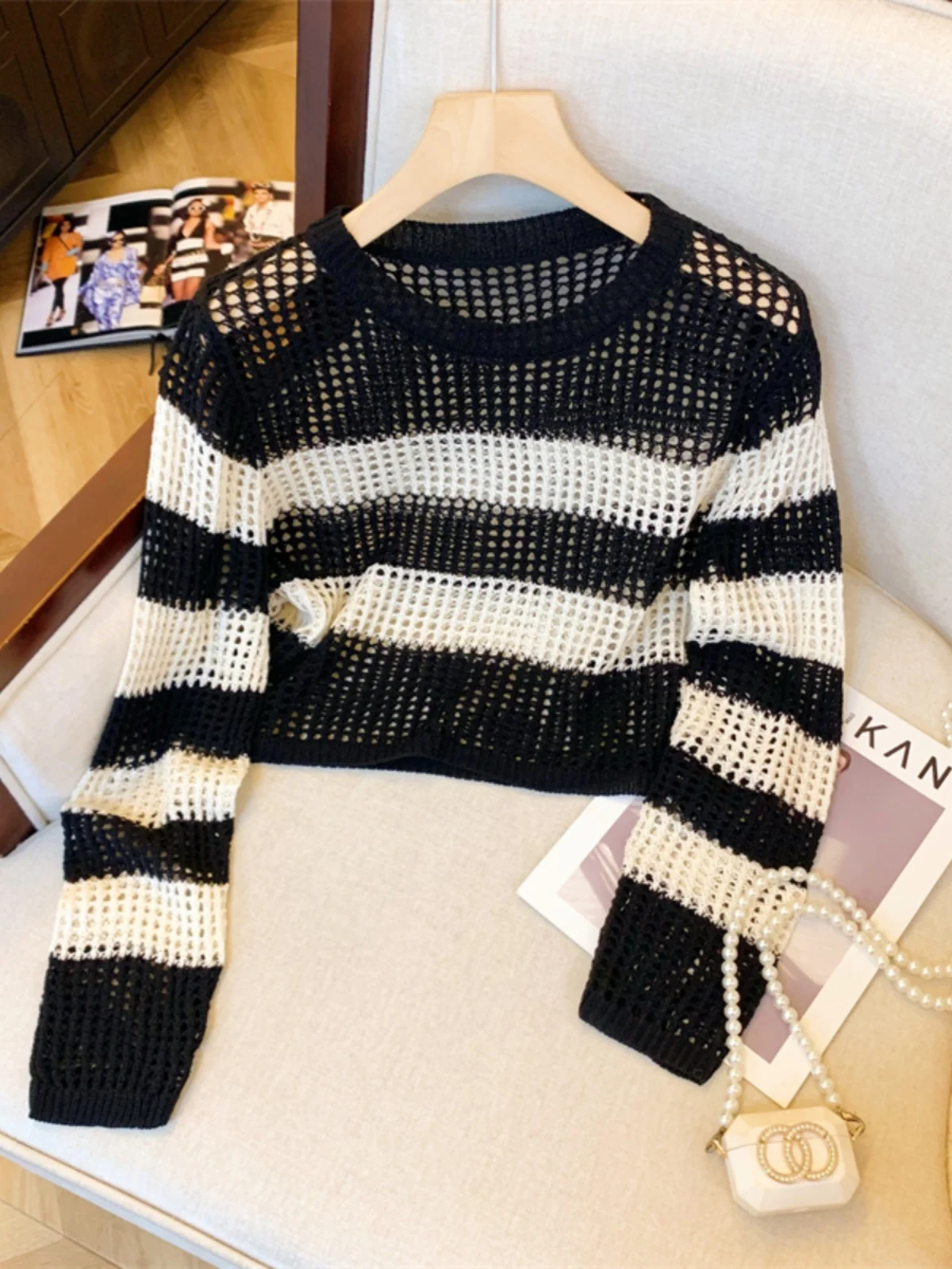 

Trendy Knitted Hollow out Striped Sweater Coat Women's Loose Overhead Soft Outerwear Spring Autumn Korean Sle Silk Top