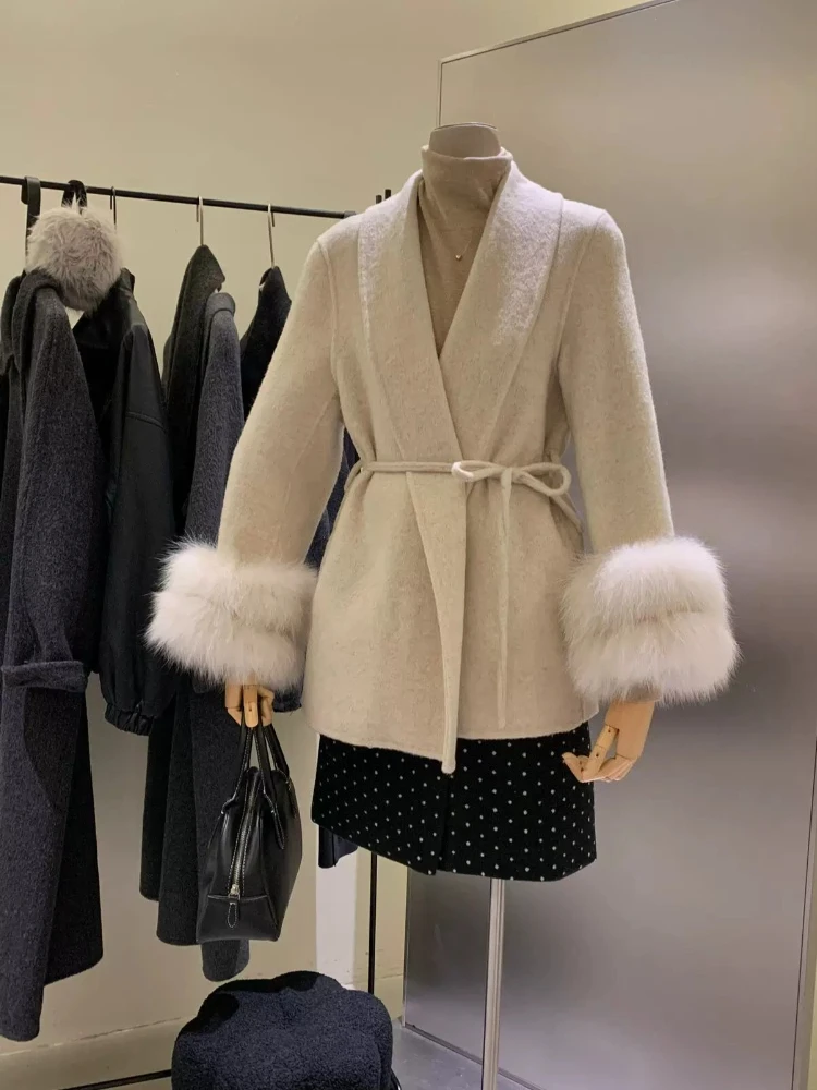 Oversized Short Coat Women's Woolen Jacket with Shawl Collar Winter Belted Wrap Relaxed Thick Wool Swear Warm for Office Wear