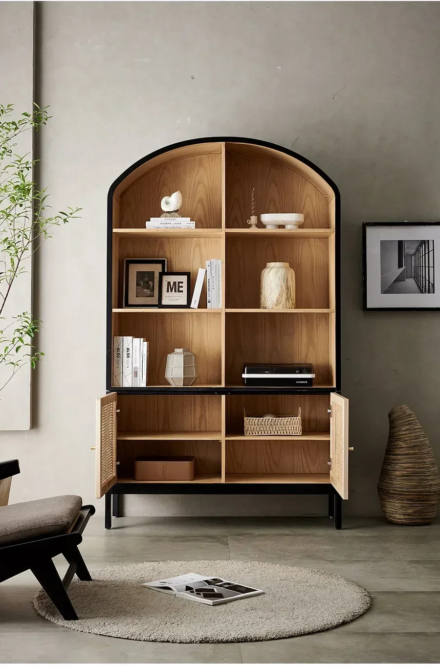 07 الشمال الرجعية خشب متين خزانة الكتب غرفة المعيشة جدار الطابق الدائمة رف الروطان خزانة عرض خزانة