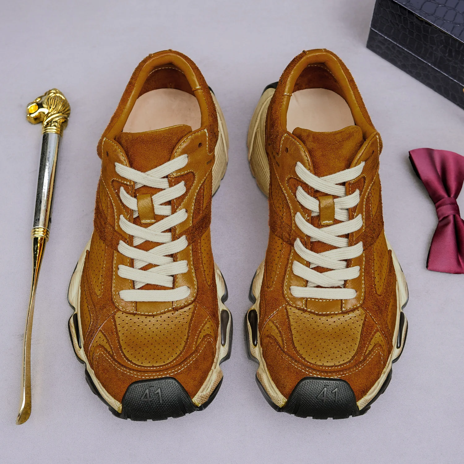 Chunky Platform Sneakers Vintage Washed Perforated Designed Lace Up Thick Rugged Sole Casual Walking Shoes Handcrafted Footwear
