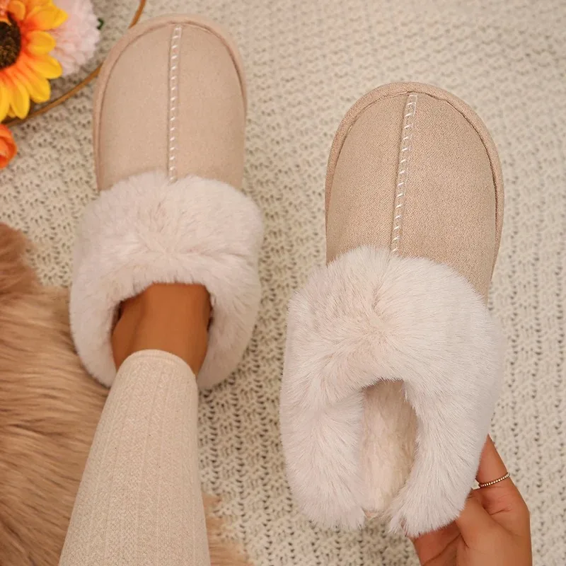 

Closed Toe Warm Cotton Slippers Women Faux Fur Thicken Plush Winter Home Shoes Woman Lightweight Casual Indoor Slides Female