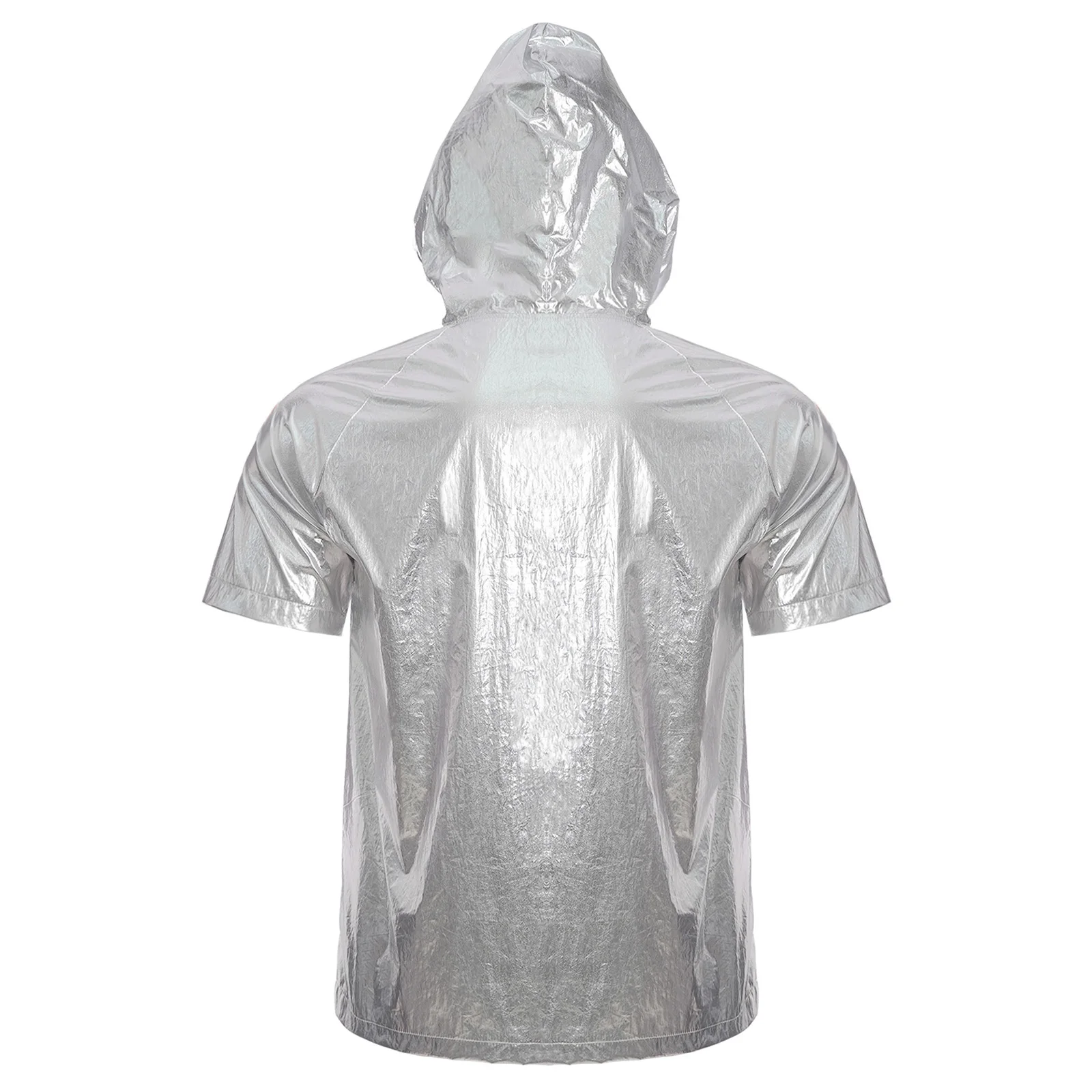 بلوفر بغطاء للرأس معدني أنيق للرجال بأكمام قصيرة وسحاب وغطاء للرأس وخفيف الوزن لمهرجان موسيقى الرقص والديسكو