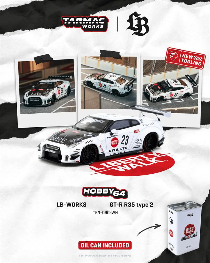 1:64 LB Works R35 type 2 White w/Metal Oil Can Packaging Diecast Collector's Vehicle Model Car