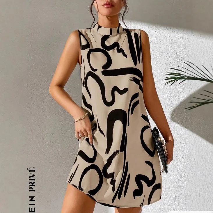 Printed Women's Dress, Fashionable Women's Dress, 2025 Summer Trend Women's Round Neck Printed Sleeveless Pullover Dress