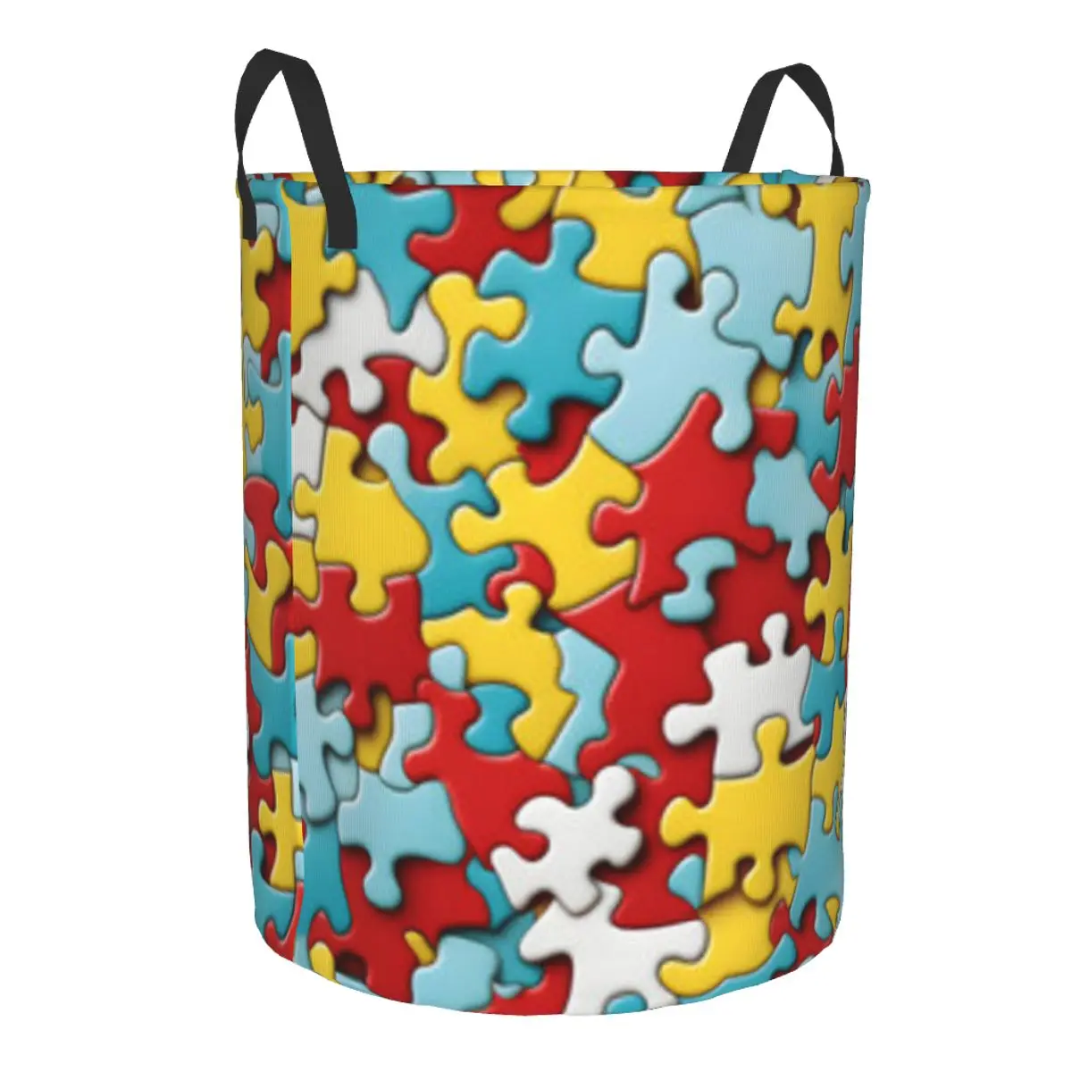 Folding Laundry Basket Colorful Jigsaw Puzzle Pieces Print Round Storage Bin Collapsible Hamper Clothes Bucket Organizer