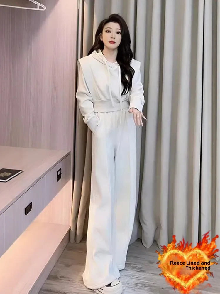 

Модный спортивный костюм для женщин: худи и широкие брюки, комплект из двух предметов, повседневный осенне-зимний наряд, полиэстер, длинный рукав