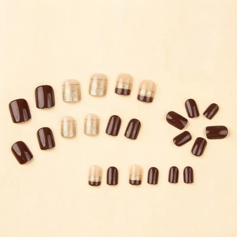 Short Square fake nails for women glossy brown tips golden silver glitters with strips design full cover press on false nail art view 2
