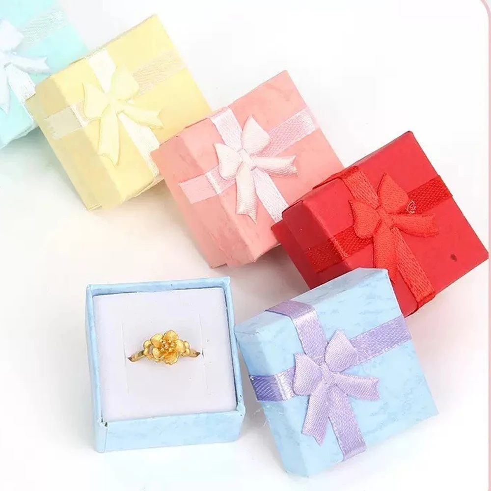 

32Pcs Customize 4*4cm New Design Bow Paper Ring Box With Sponge Jewelry Packaging Boxes With Ribbon Wedding Gift Earrings Case