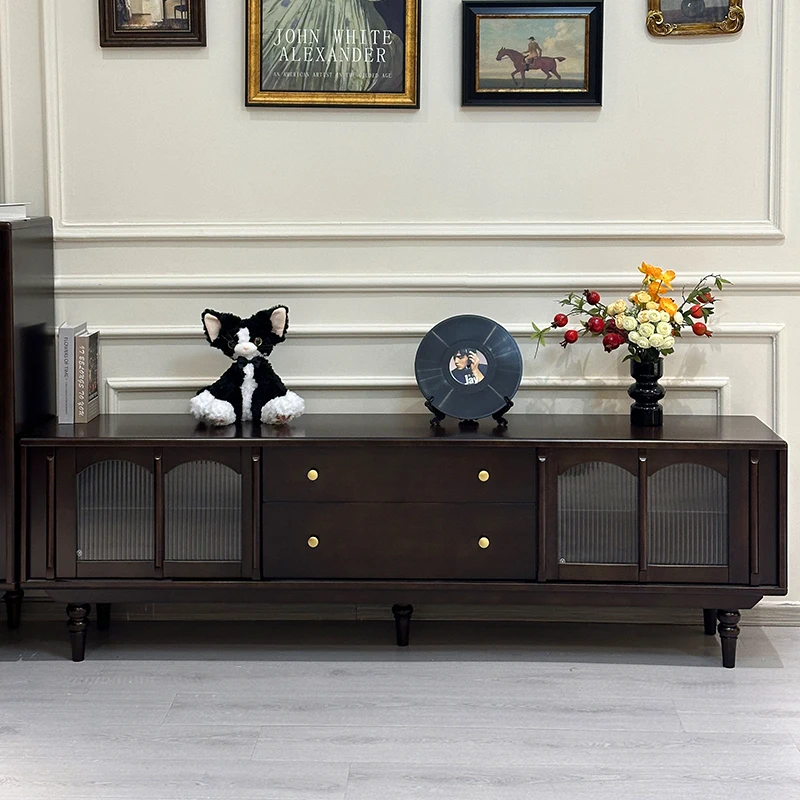 

solid wood coffee table, TV cabinet combination, light French retro home floor cabinet, medieval living room, black locker