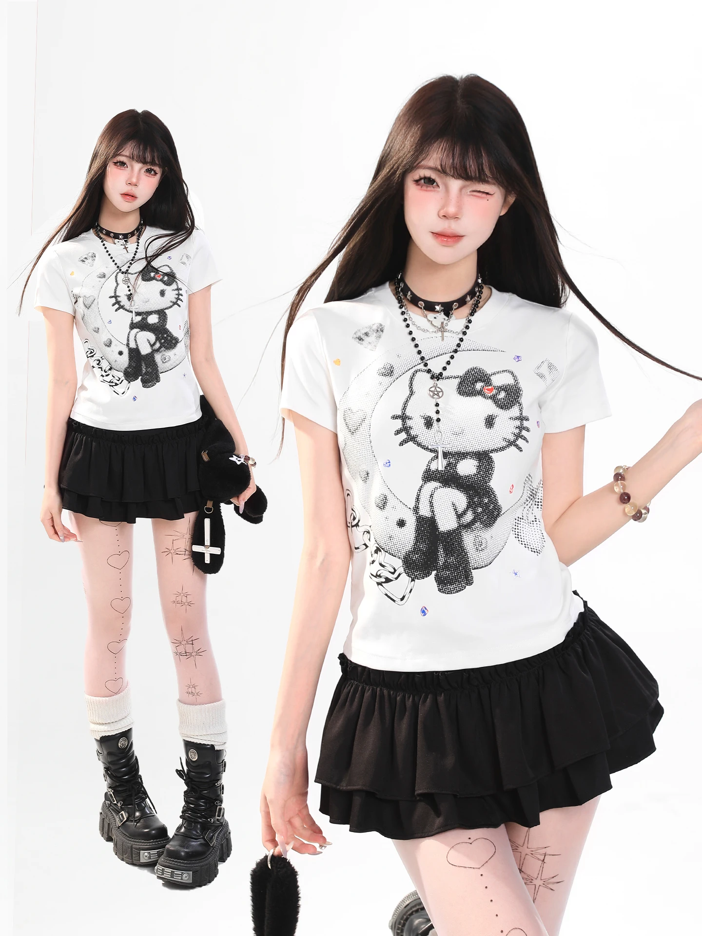 

Женская футболка с коротким рукавом и принтом Sweet Spicy Cartoon Kitty, облегающая, летняя, модная, универсальная, милая, укороченная