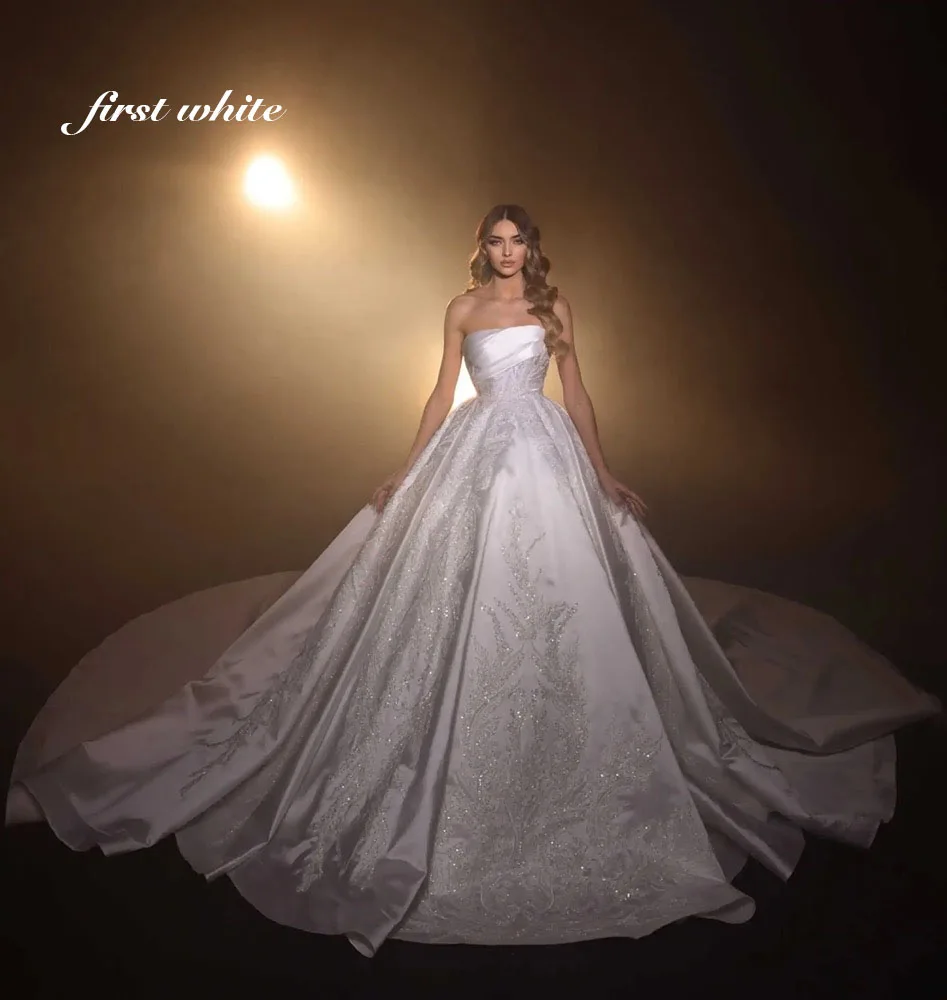 Sleeveless A-Line Wedding Dress Luxury Beaded Satin Bride Gown Sweep Train Princess  Plus Size Vestido De Novia Customized