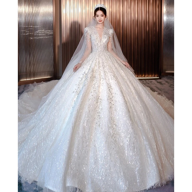 

Winter New Vestido De Noiva Long Sleeve Wedding Dresses Shinny Sequin Bridal With Brush Train Deep V Neck Ball Gown Customize