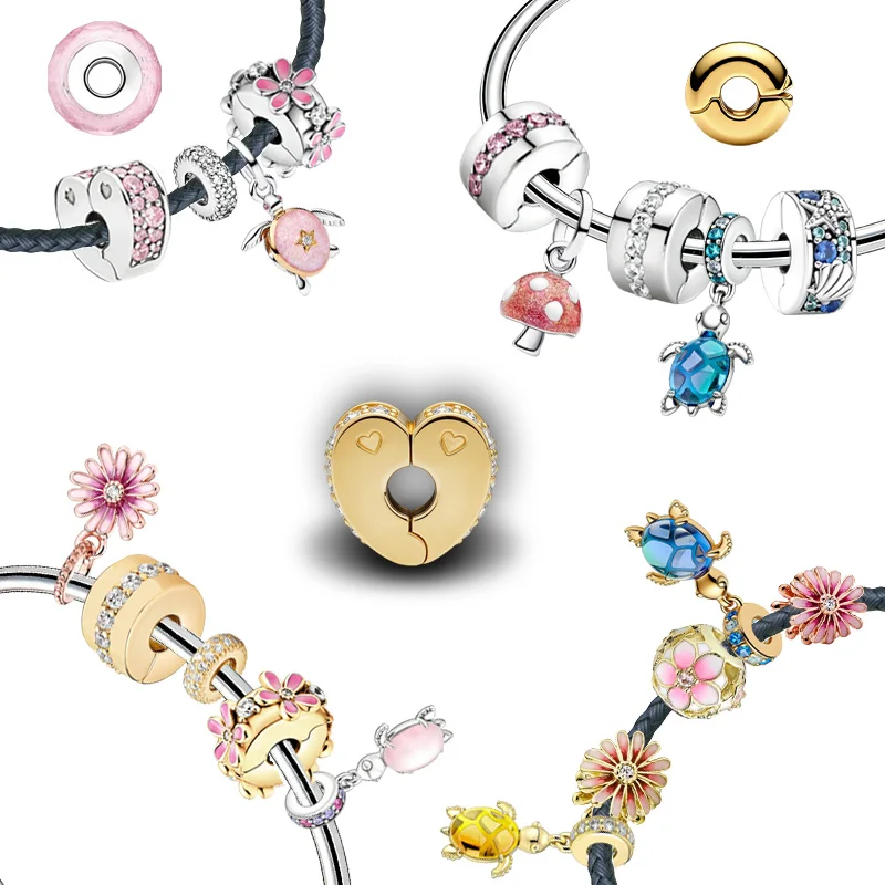 Original Charm Beads,Murano Glass Sea Turtle Dangle Charm&Pink Sparkling Row Clip& Bead Fit Pendant Bracelet Women Jewelry Gift