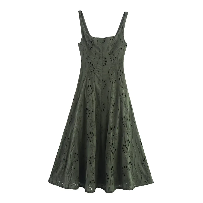 

YENKYE Summer 2025 Women Hollow Out Embroidery Midi Dresses Round Neck Wide Straps A-line Holiday Casual Dress Female Vestidos