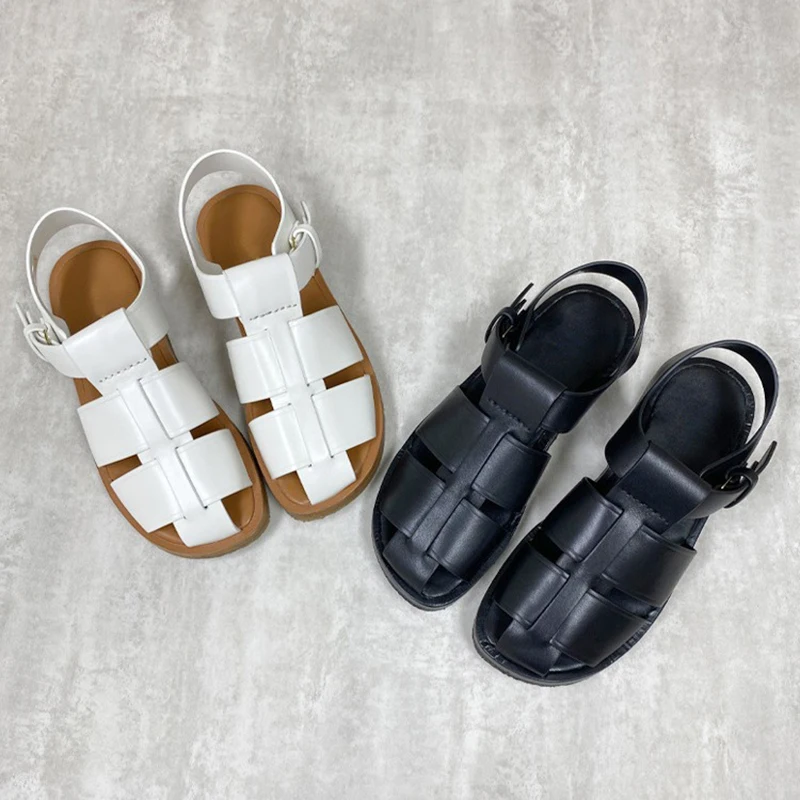 Donna-in Roman Sandals Women Genuine Cow Leather Weave Slingback One-piece Buckle Female Summer Flat Casual Shoes Handmade