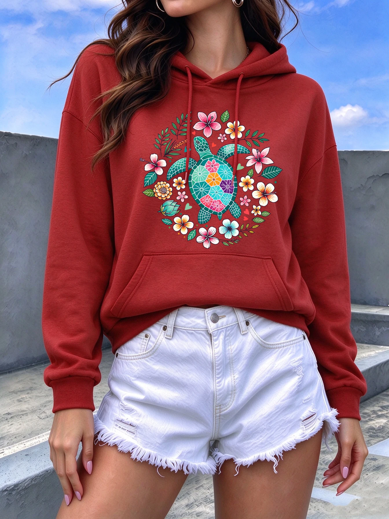 Sea Turtle Tropical Hibiscus Flowers Prints Women'S Hoodies Autumn Korean Streetwear Loose Casual Pullover Y2K Fleece Hoody