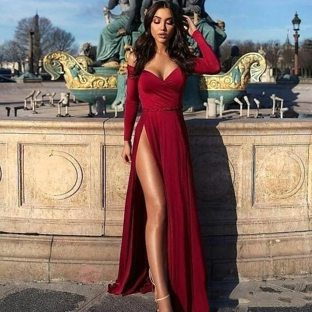 The Evening Dress Has A Straight Neck A V Neck Off The Shoulder High Slit And Long Sleeves And Red Chiffon Fabric Elegant  2024