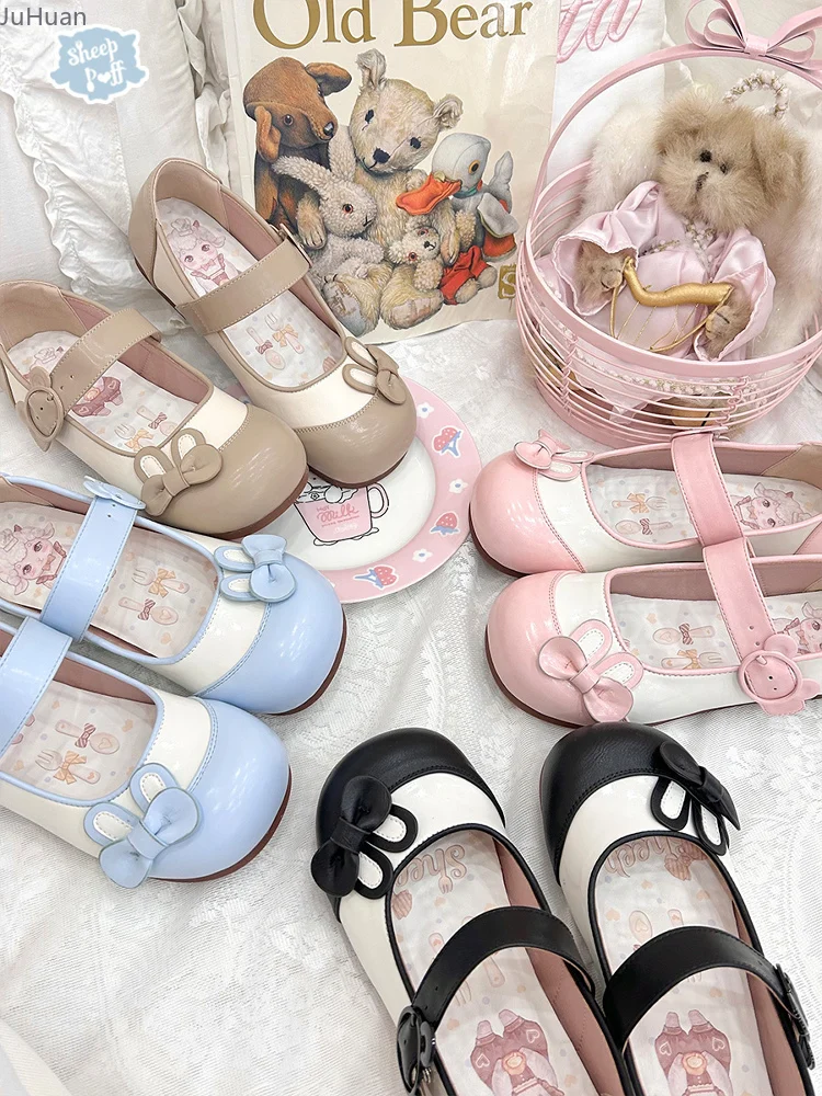 

Kawaii японские туфли с бантом и медвежьими кроличьими ушками, женские милые милые удобные туфли в стиле Лолиты на низком каблуке на плоской подошве с большой головкой и яичным рулетом