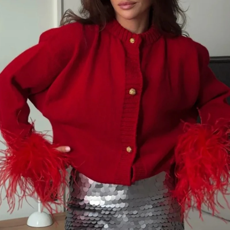 

Single breasted feather long sleeved knitted cardigan fashionable and casual Christmas outfit cardigan sweater
