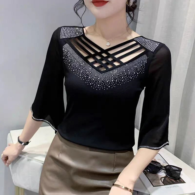 2024 Summer New Women Mesh Tees top Fashion Sexy Cross Hollow Out Hot Diamond 3/4 Sleeved Bottoming Shirt Elasticity t-Shirt