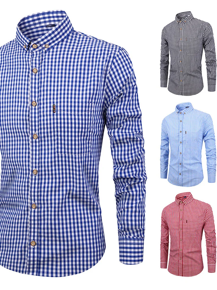 

Классическая мужская рубашка в клетку с длинным рукавом, повседневная, с воротником, для ношения под одеждой, приталенная, из хлопка, для весны и осени, китайский бренд