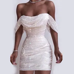 Fall Dresses For Women 2024 Sexy Off Shoulder Ruched Glitter Sparkly Sequin Straight Bodycon Slim White Dress Vintage Prom Dress