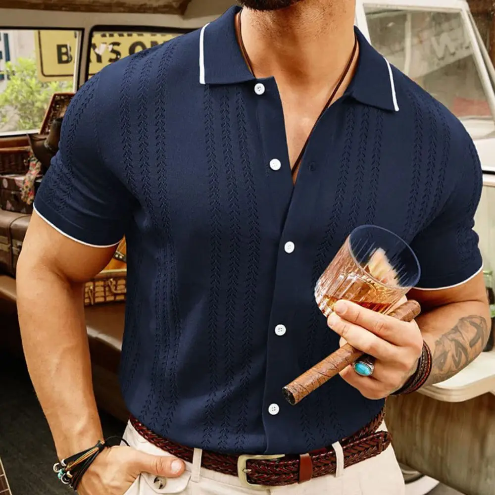 Men's Knit Button Down Shirt Vintage Short Sleeve Polo Shirts Casual Beach Top Men’s Breathable Hollow Out Bowling Button Shirts