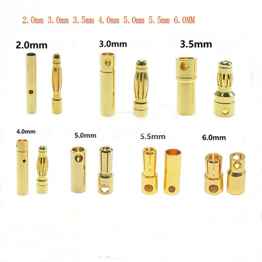 2mm 3mm 3.5mm 4mm Bullet Banana Plug Pozłacane złącze bananowe męskie żeńskie Zestawy wtyczek akumulatorowych do części akumulatorowych RC DIY