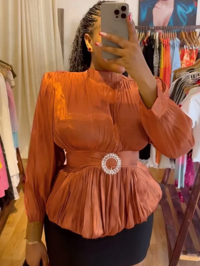 

Fashion Solid Color Pleated T-Shirt Spring Clothes Women Lantern Sleeve O-Neck Ruched Tunic Top Female Casual Solid Blouse Shirt