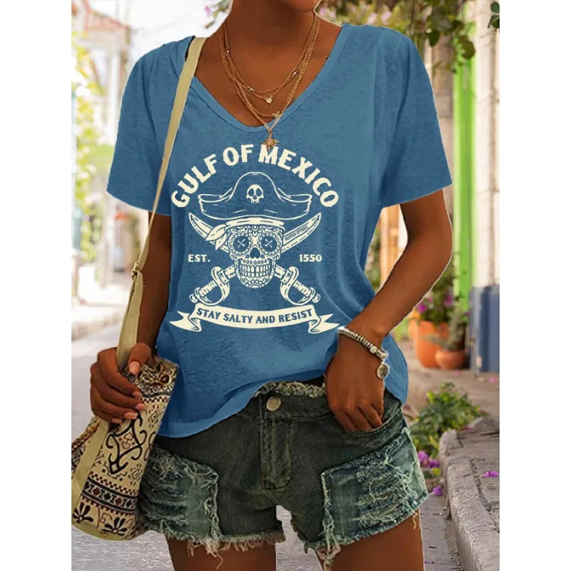 Women's Gulf of Mexico Print T-Shirts Summer Short Sleeve V Neck Tops Tees