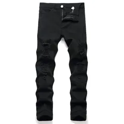 Men Black Stretch Skinny Fit Pencil Jeans Trousers Knee Ripped Distressed Motorcycle Biker Jeans Pants For Men's