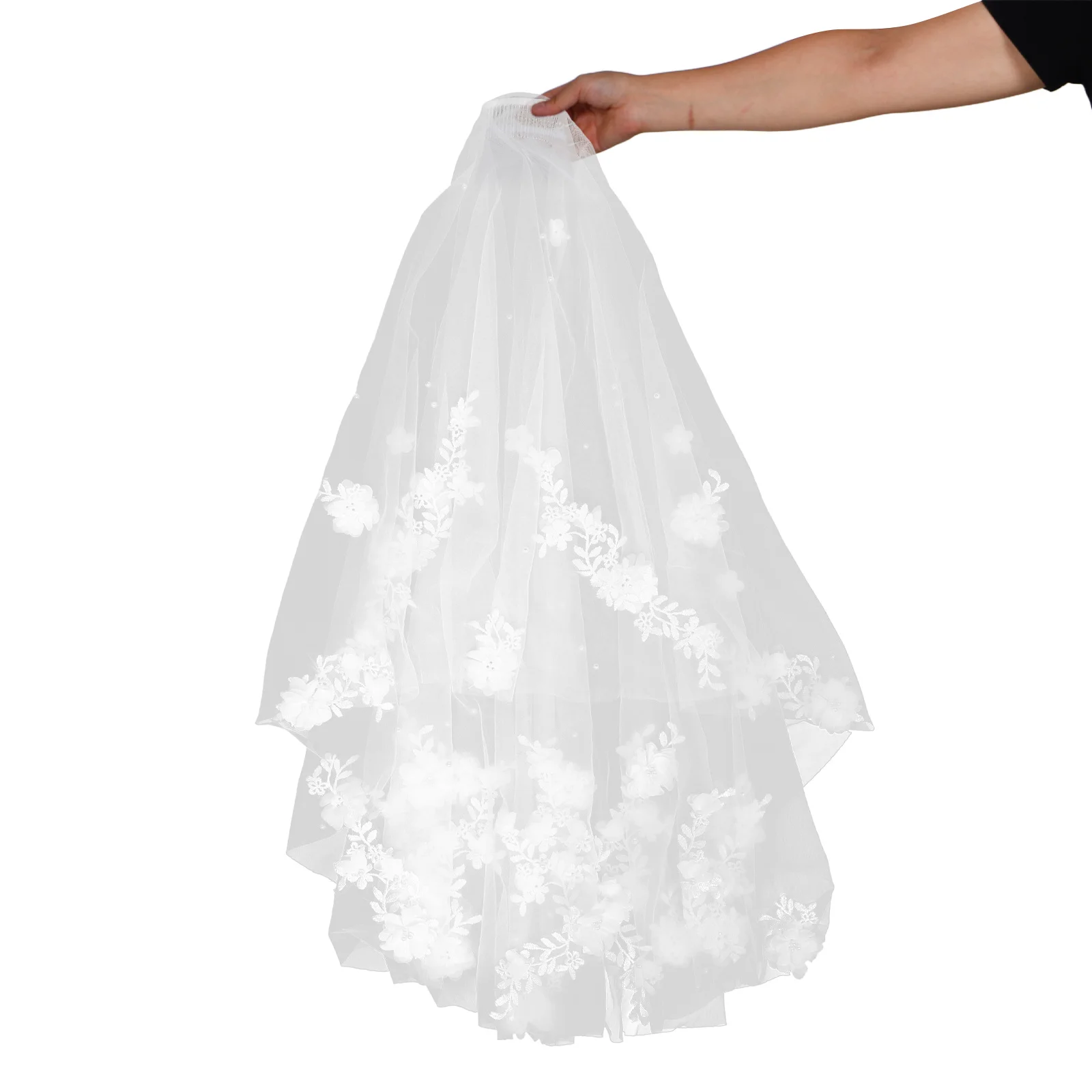 

2 Tiers White Bridal Tulle Wedding Flower Lace Edge Comb Hair Accessories Bride Embroidered Veil Wedding Headpiece Bridal Shower