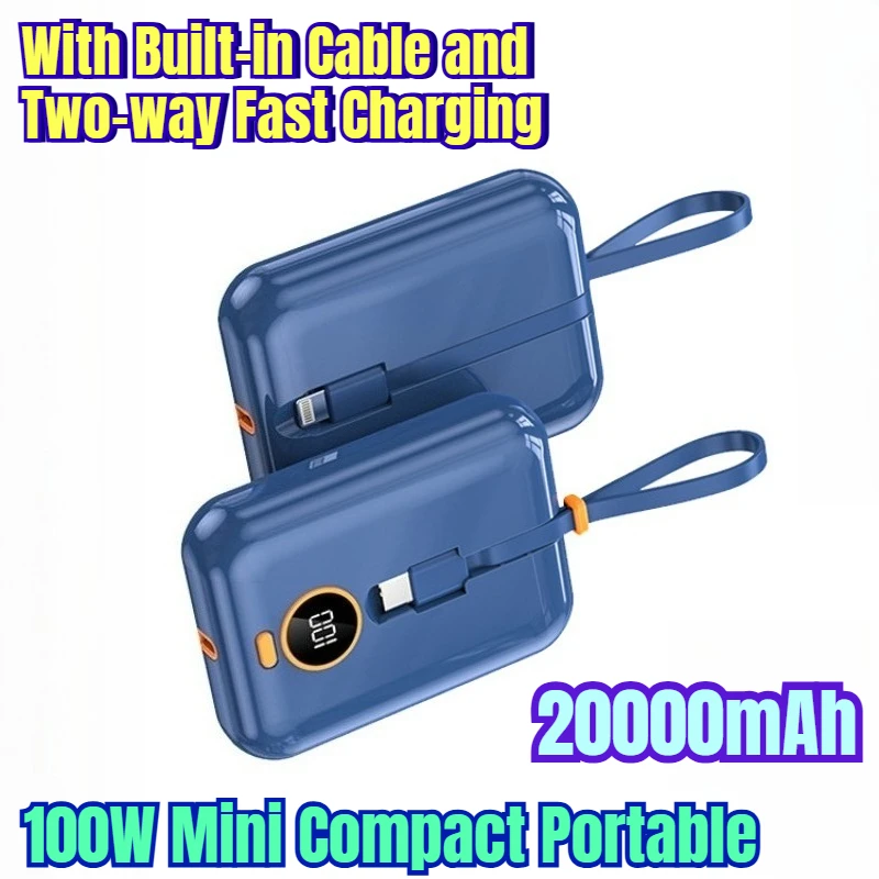 

100W Mini Compact Portable 20000mAh Power Bank with Built-in Cable and Two-way Fast Charging