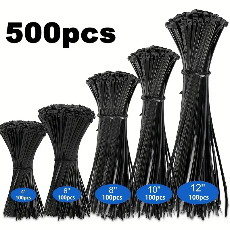 500 sztuk czarnych, wytrzymałych nylonowych opasek kablowych — wszechstronne rozmiary na każdą potrzebę: 4", 6", 8", 10", 12" — wysoka wytrzymałość na rozciąganie