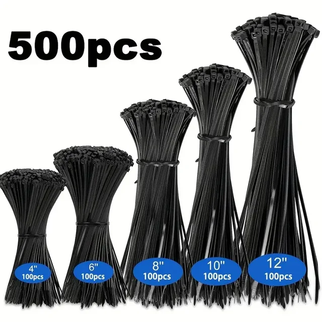 500 sztuk czarnych, wytrzymałych nylonowych opasek kablowych — wszechstronne rozmiary na każdą potrzebę: 4", 6", 8", 10", 12" — wysoka wytrzymałość na rozciąganie