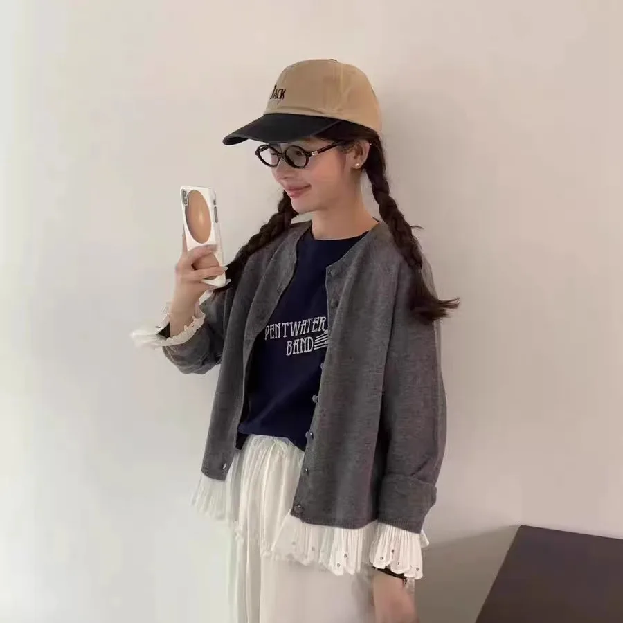 

Sweet Lace Trim Splice Knitted Cardigan Sweater Women's Loose Fit Soft Casual Sle Long Sve round Ne Breathable Comfort...