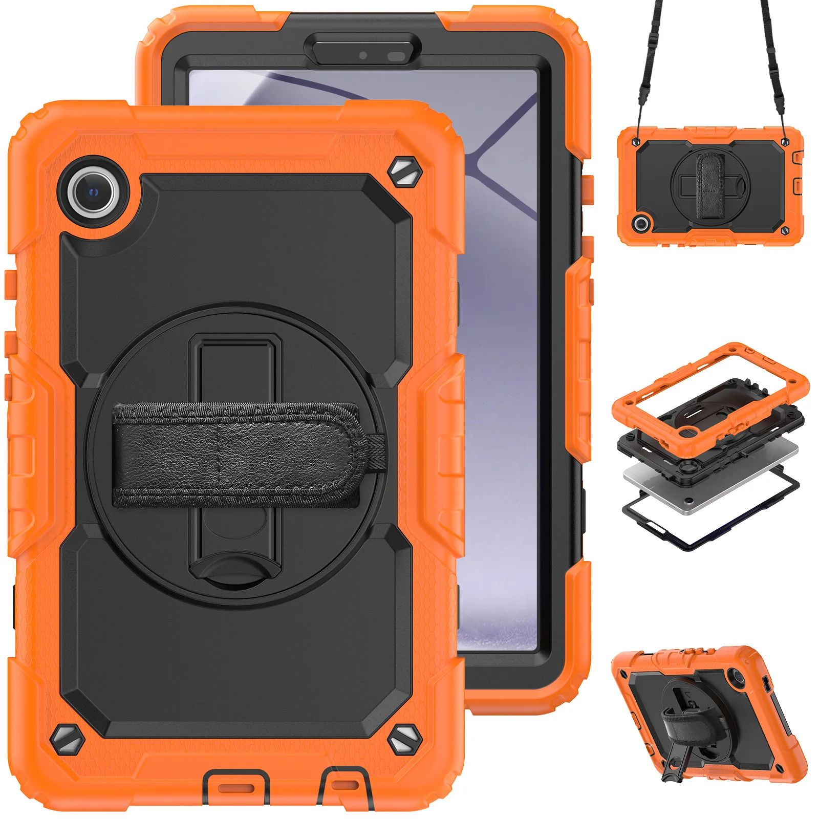 

For Samsung Galaxy Tab A9 SM-X110 SM-X115 Kickstand Cover PC + Silicone Tablet Case with Shoulder Strap - Black+Orange