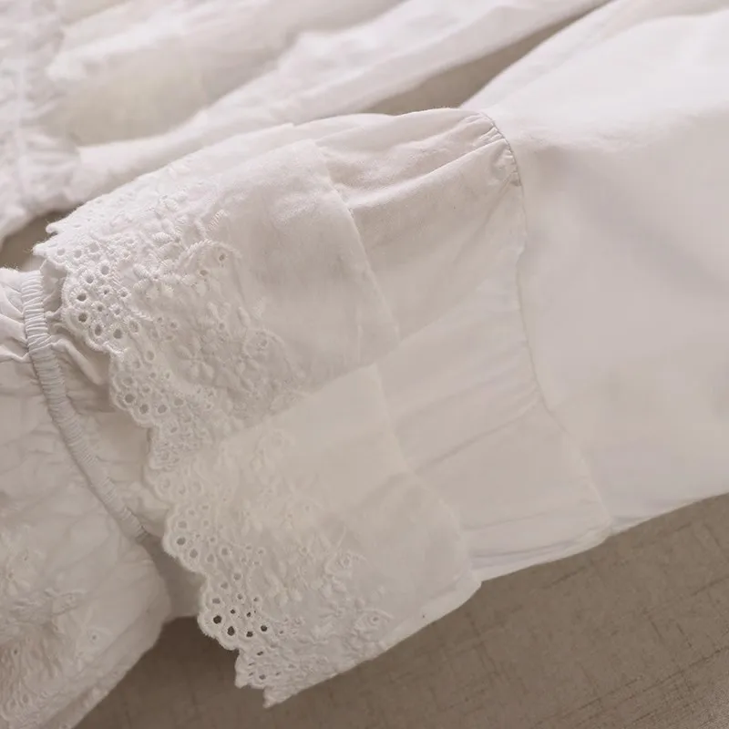 Japanese-Style Mori Girl Sweet Double-Layer Embroidered Lace White Wide-Leg Pants New Loose High-Waisted Casual Pure Cotton Cropped Pants