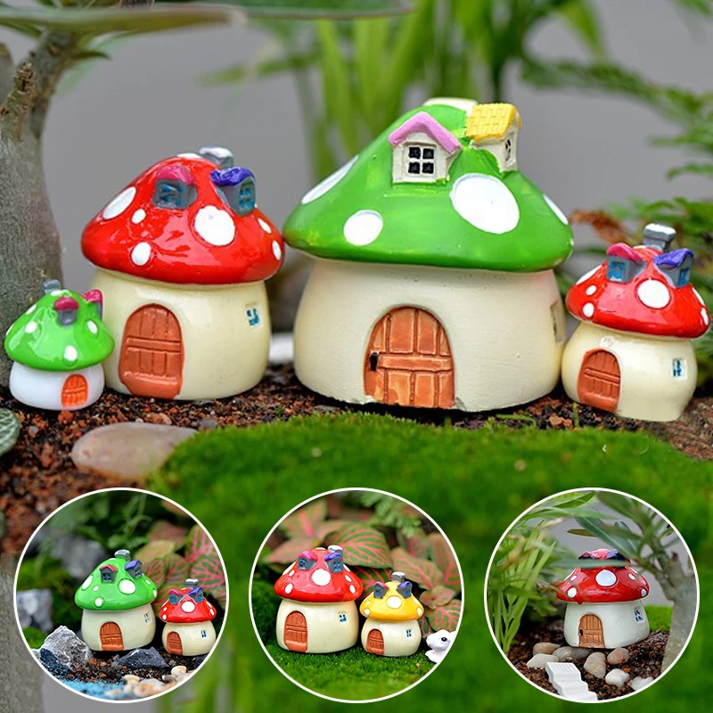 4 Sizes Resin Mini Mushrooms House Statue Micro Landscape Ornaments Fairy Garden Mushroom Castle Figurines Craft Decoration